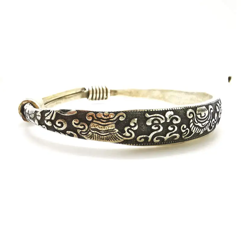 Tibetan Lucky Eight Auspicious Amulet Symbols Adjustable Bangle Traditional Miao Ethnic Jewelry BB-004
