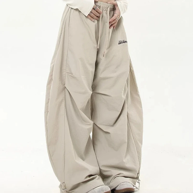 American Retro Pleated Paratrooper Workwear Women's 2024 Autumn and Winter New Item Spliced Elasticized Loose Wide Leg Pants