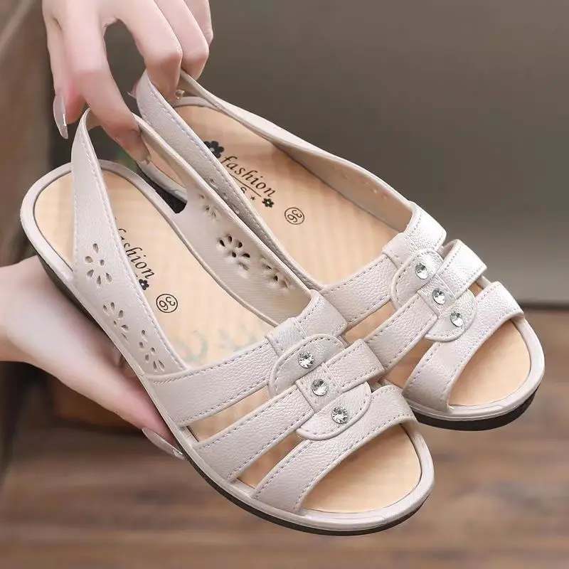 New Women's Summer Open Toe Hollow Wedges Sandals Soft Sole Non Slip Slip-On Outdoor Mom's Sandals Elderly Sandals