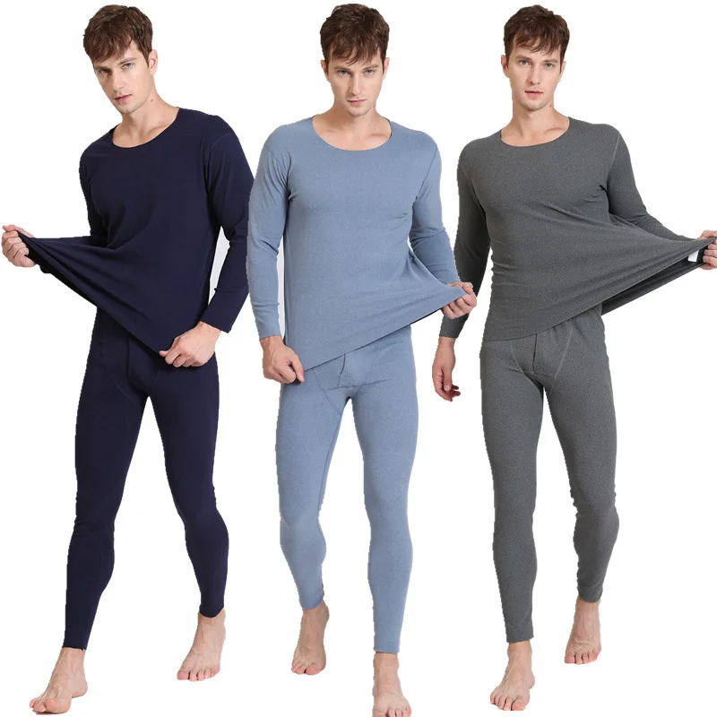 2-piece Men Traceless Thermal Underwear Suit Male Solid Color Round Neck Autumn Winter Comfort Plus Size Sports And Fitness Set