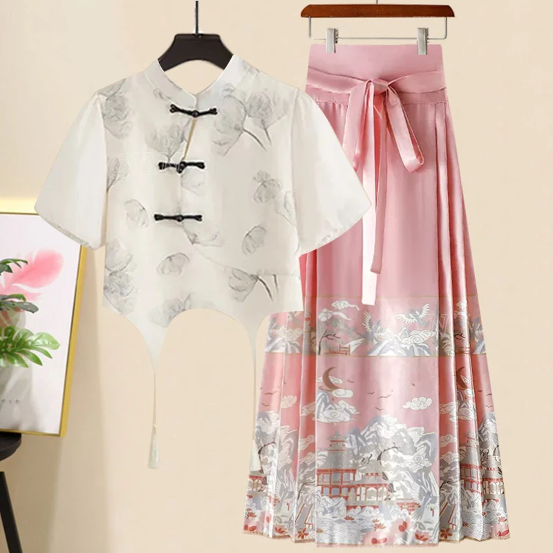 

New 2026 Women's Short Sleeve Shirt National Style Short Design Pink Face Skirt Matching Hanfu Loose Fit Summer Polyester Fiber