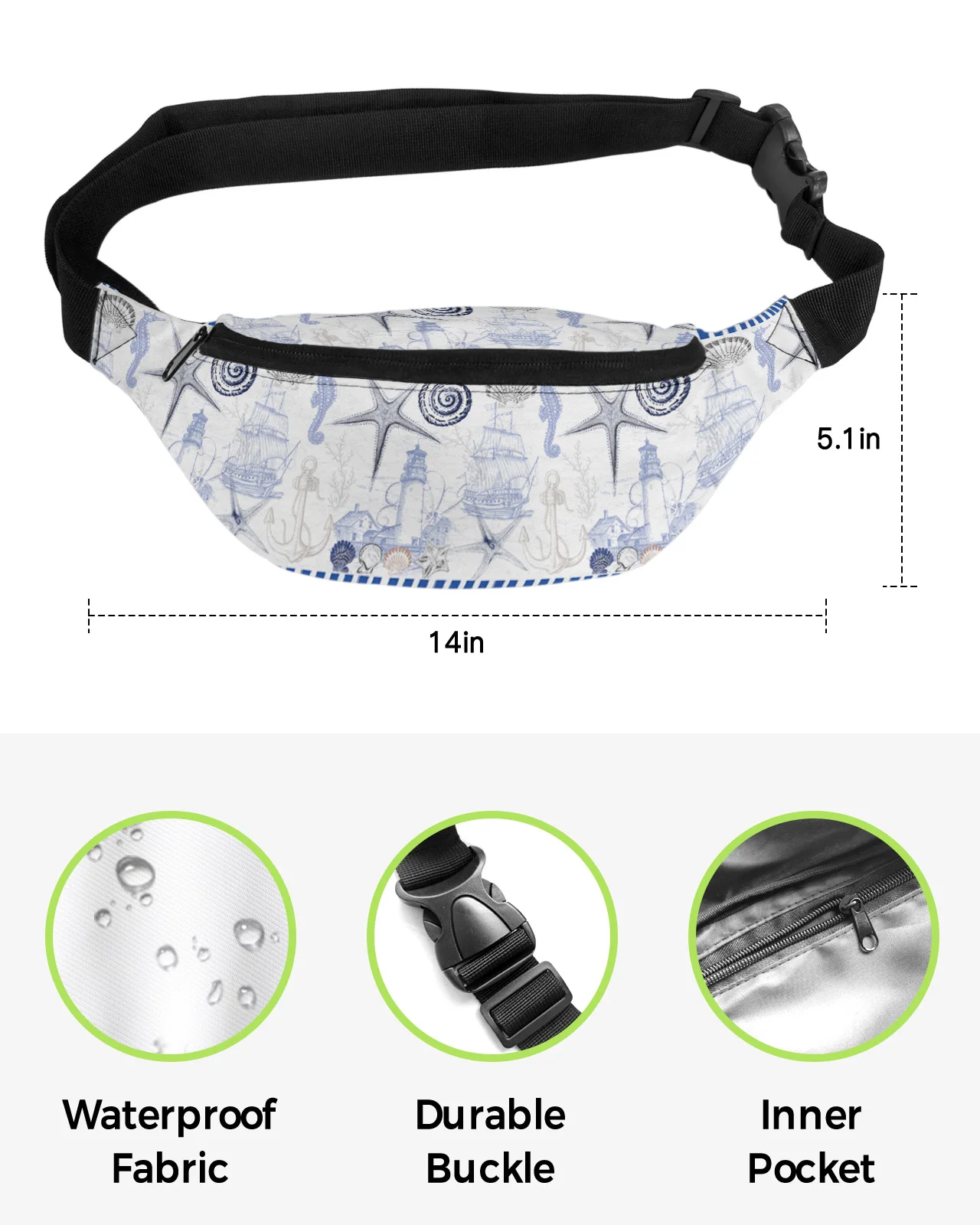 Marine Stripes Ocean Shells Starfish Anchor Waist Bag Women Men Belt Bags Large Capacity Waist Pack Unisex Crossbody Chest Bag