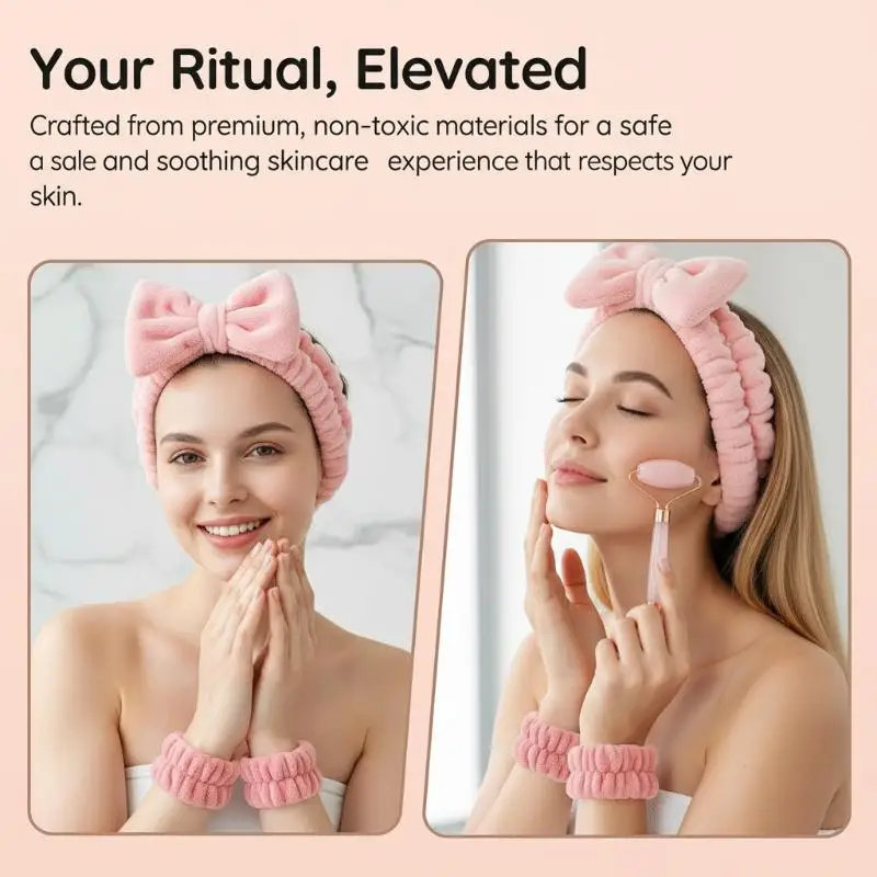 

Spa Headband For Washing Face Wristband Set Sponge Makeup Headband Wrist Towels Bubble Hairband Guasha Board For Facial Cleaning