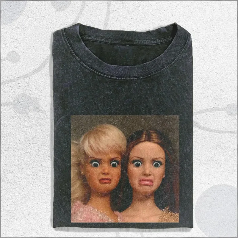 Funny Doll Meme Graphic T Shirt Weird Surprised Dolls Vintage Wash Print Unisex Oversized Casual Short Sleeve Daily Tee Tops