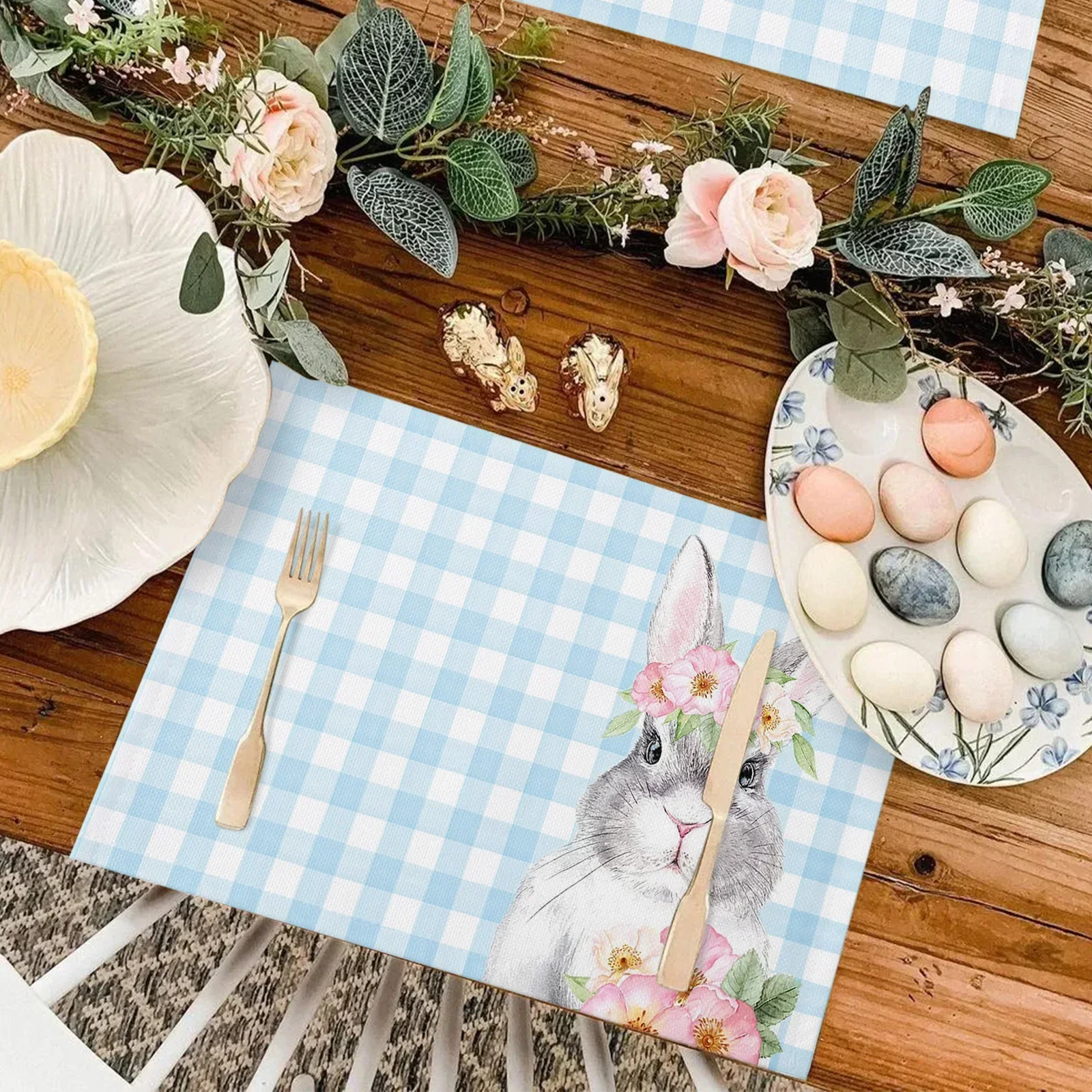 Easter Blue Plaid Rabbit Flower Table Mat Wedding Holiday Party Dining Table Placemat Kitchen Accessories Table Napkin Sink mat
