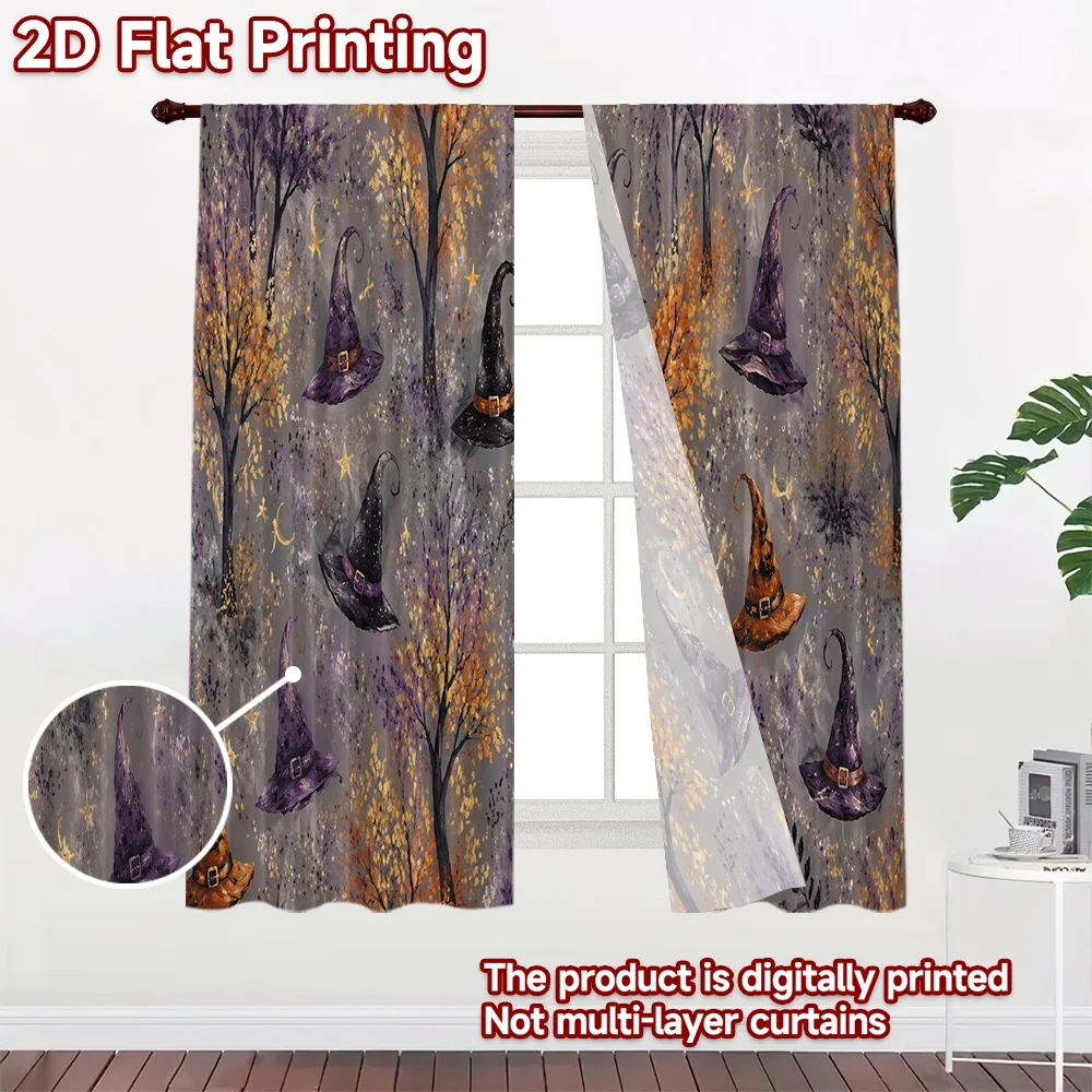 2D FLAT PRINTING 2pcs Curtains (Without Rod) Halloween Witch Hats Forest Minimalist Popular Curtains Versatile 100% Polyester