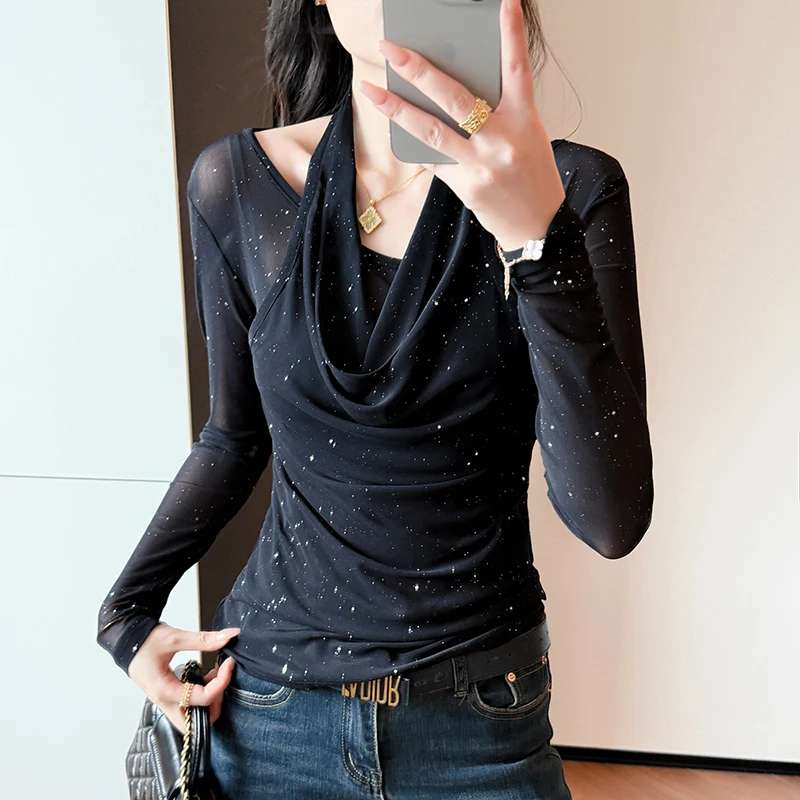 

2025, новинка, европейская, одежда, футболка, модная, сексуальная, Halter, принт, полоска, сетка, женские, топы, рубашка с длинным рукавом, тонкие, футболки, 510030