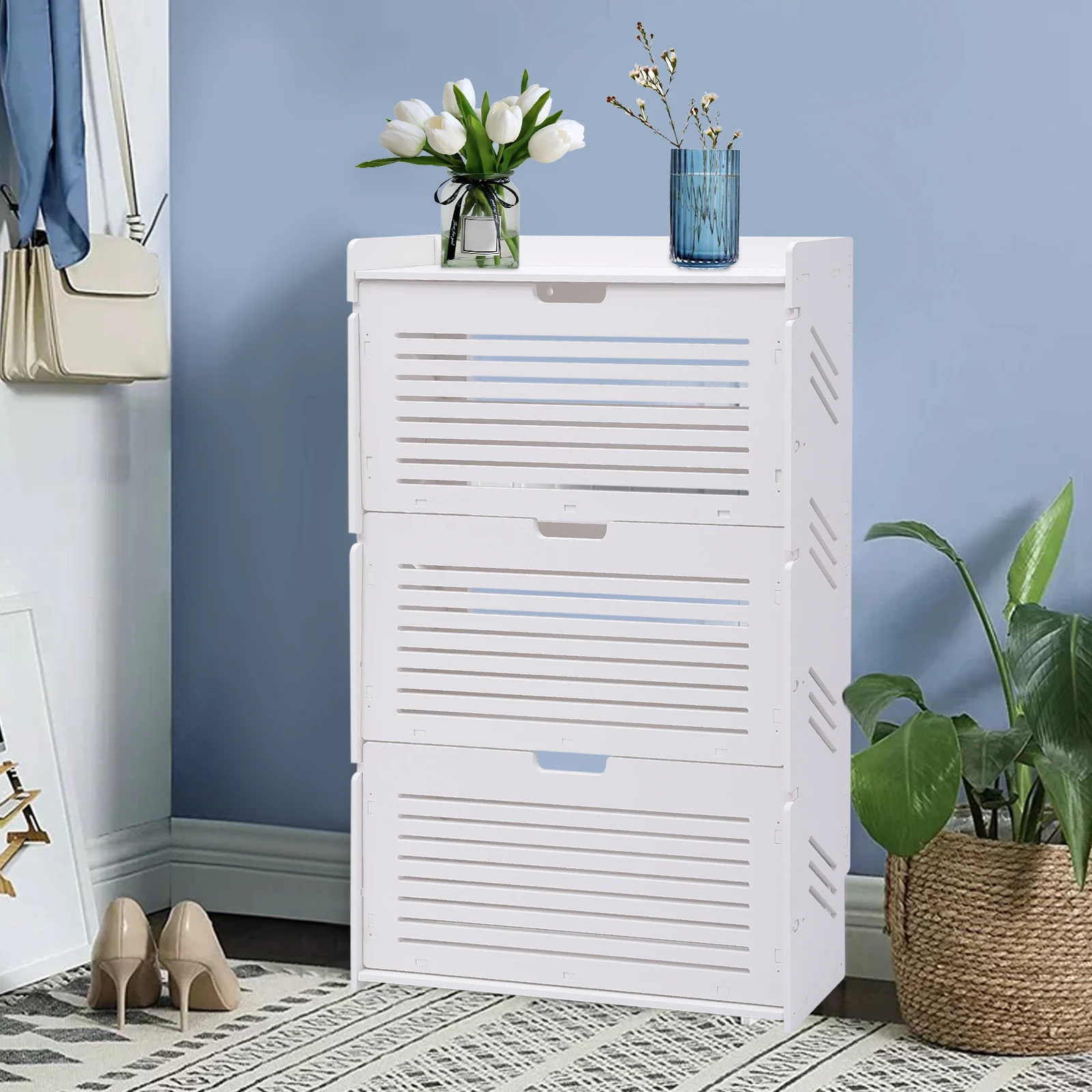 

3-Layer Modern Entryway Shoe Storage Cabinet White Tipping Shoe Organizer Ultra-Thin Shoe Rack
