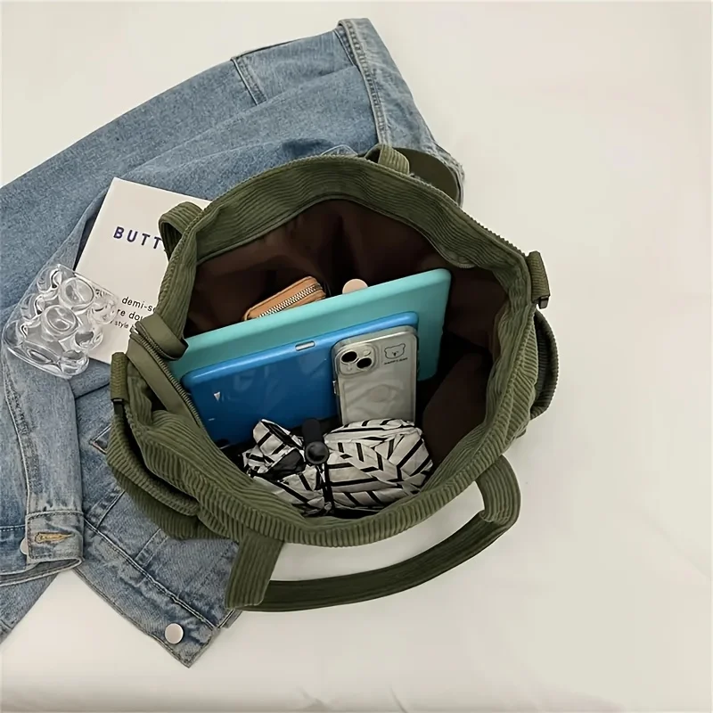 Simple Corduroy Tote Bag, Large Capacity Shoulder Bag, Casual Crossbody Bag For School & Travel