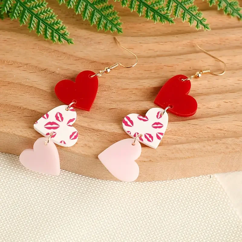 1 Pair EXGOX Valentine\'S Day Acrylic Heart Earrings - Cute & Sexy Kiss Pattern Stainless Steel Post All-Season Fashion Jewelry