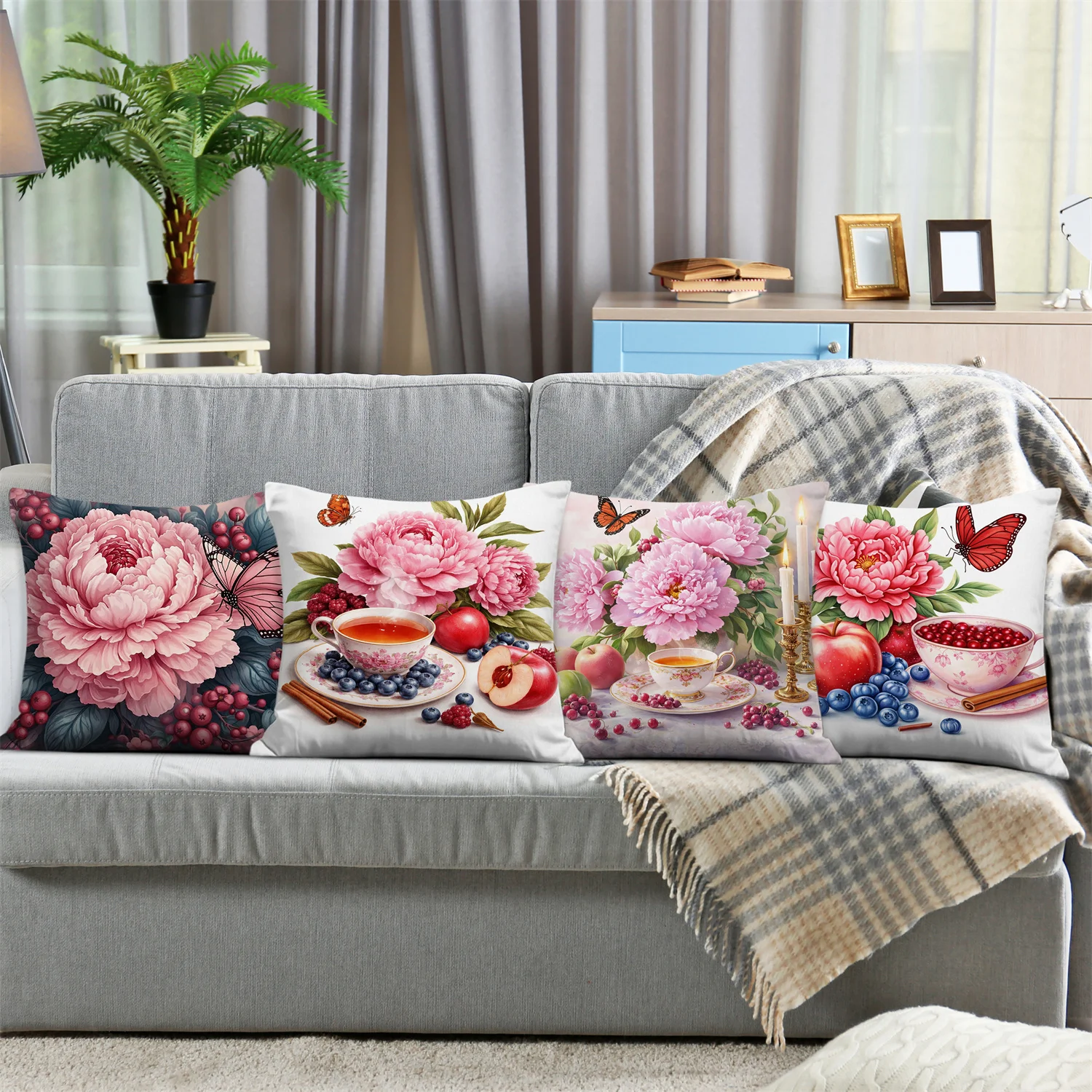 Pink peony bouquet digital printing pillow cover Short plush Suitable living rooms bedrooms sofas throw cushion cover 4pcs