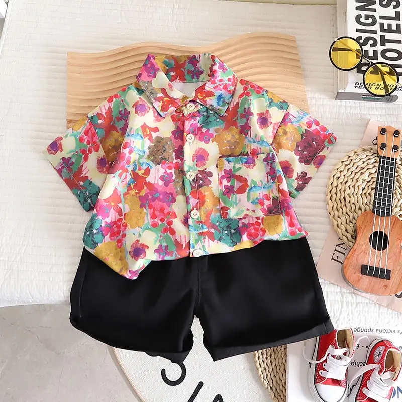 Boys' Sets Button Shirt Shorts Two-piece Suits Korea Fashion Handsome Oil Painting Print 2024 Summer Personalized Floral Sets