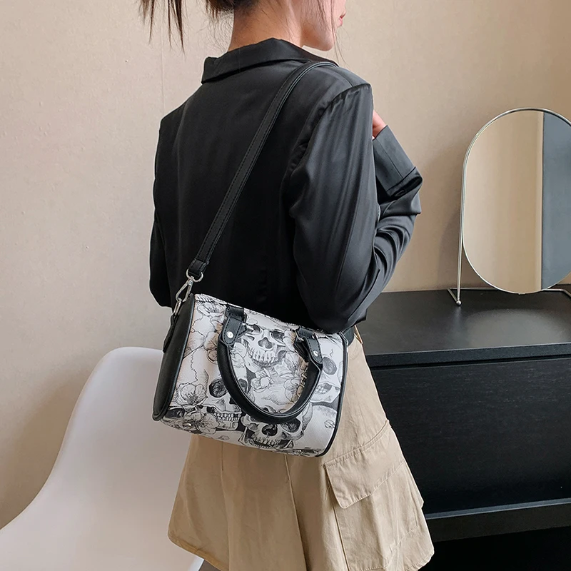 Brand Boston Handbag For Women High Quality PU Leather Bag 2023 New Small Shoulder Crossbody Bag Punk Skull Printing Female Bag