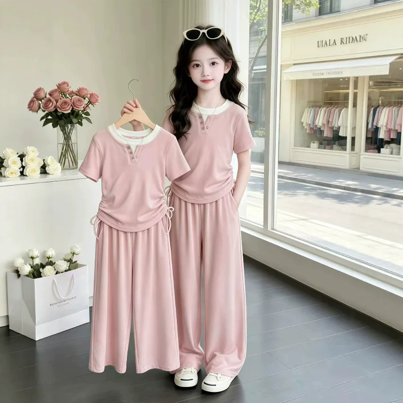 Summer Teenage Girls Clothes Set Children O-Neck Tshirt and Casual Wide-Leg Pants Suit Student Short Sleeve Top Bottom Outfits