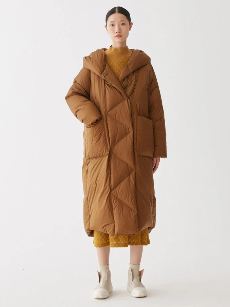 Luxe haute qualité hiver 90 blanc canard vers le bas manteau chaud femmes minimaliste surdimensionné à capuche longue épaisse doudoune dos fente hauts