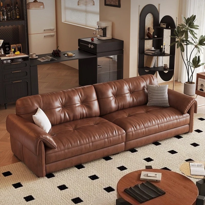 Elephant Ear Sofa French Vintage Style Genuine Leather Sofa Set Living Room Furniture with Sofa Backrest Retro Minimalism