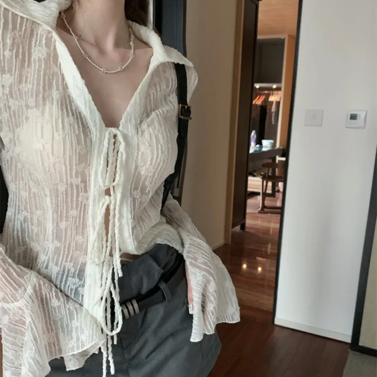 Blusa de renda transparente sexy para mulheres, manga longa harajuku, ver através, gótico preto, camisas finas, estética y2k, moda coreana