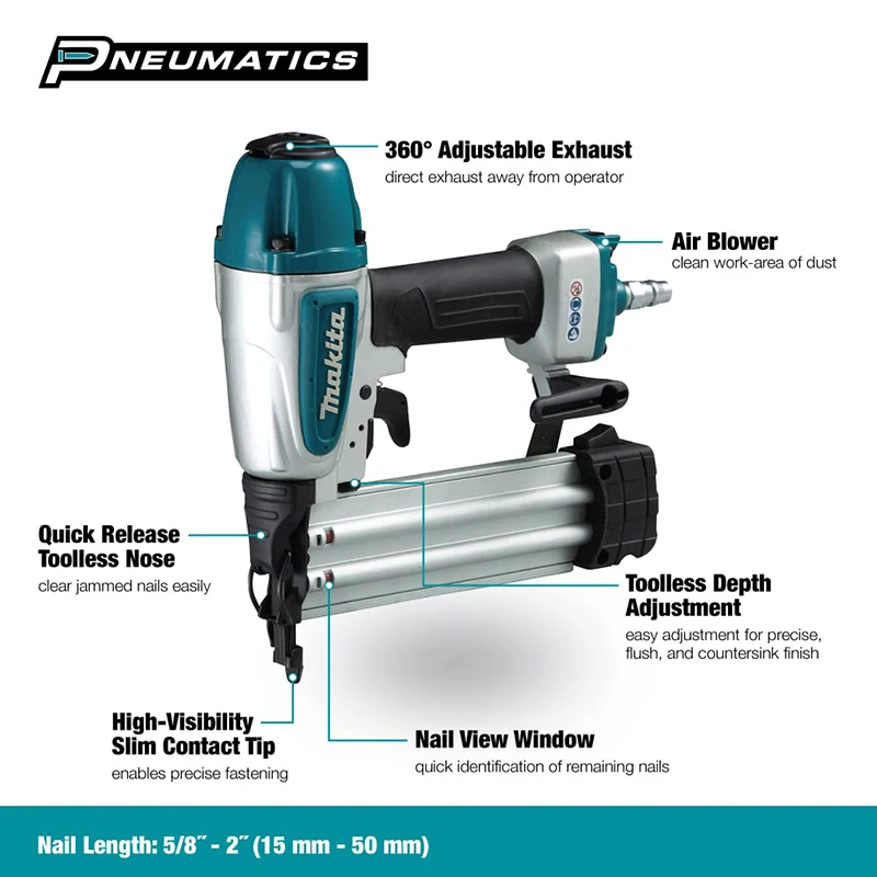 Imagem -02 - Makita-pneumatic Straight Nail Gun Ferramenta para Madeira 18 Gauge Adequado para 15 Mm50 mm Af506