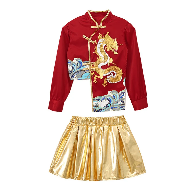 Boys Hip Hop Clothing Red Chinese Dragon Frog Button Tops Gold Pants Pleat Mini Skirt for Girls Kids Dance Costume Clothes