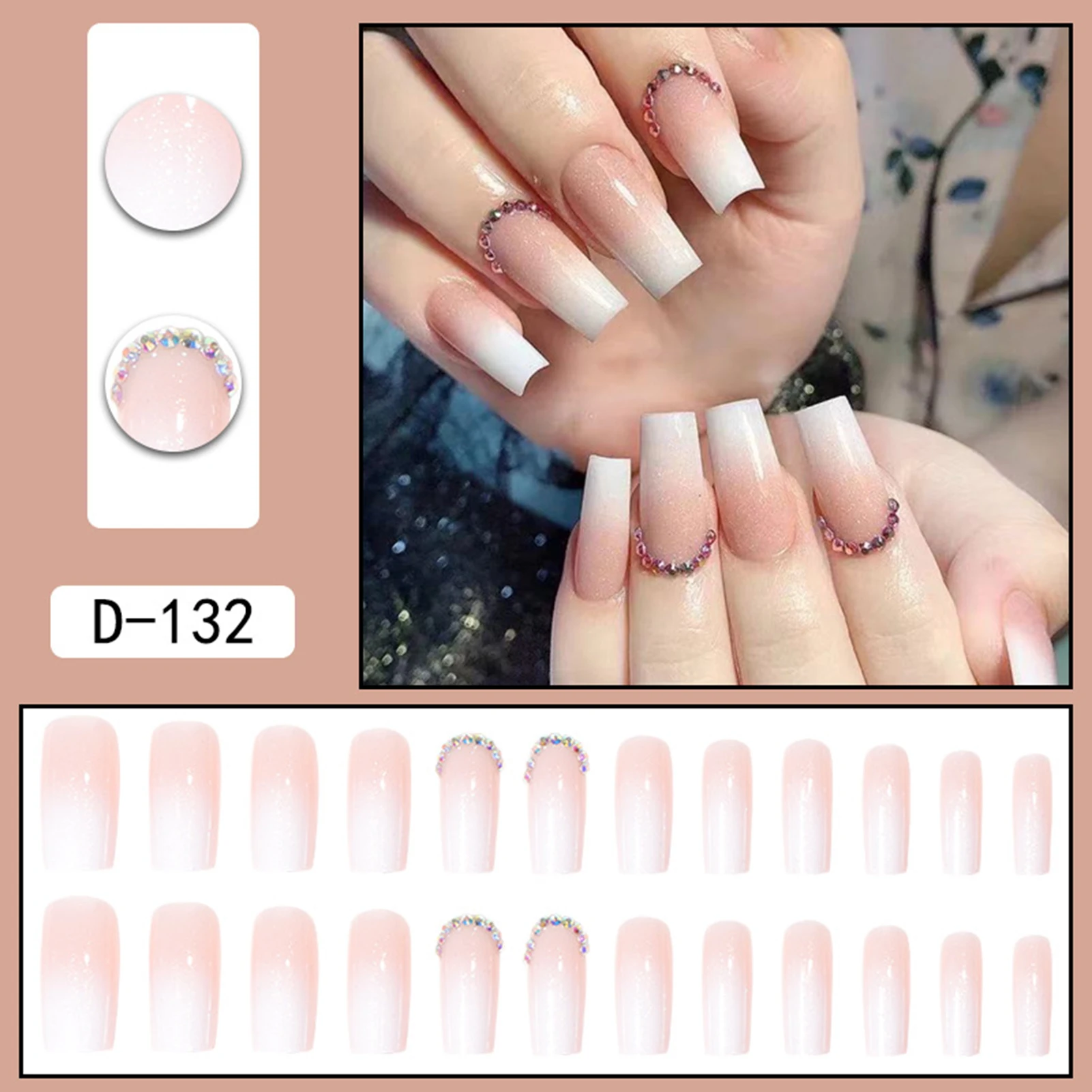 Rhinestone Setting Gradients Fake Nails Full Cover Square Artificial Nail Tips for Stage Performance Wear