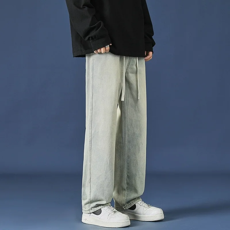 アメリカンスレ マッドカラー レディースジーンズ 2024年春新作 エラスティックウエスト ドローストリング カジュアル ワイドレッグ ストレート ハイストリートパンツ