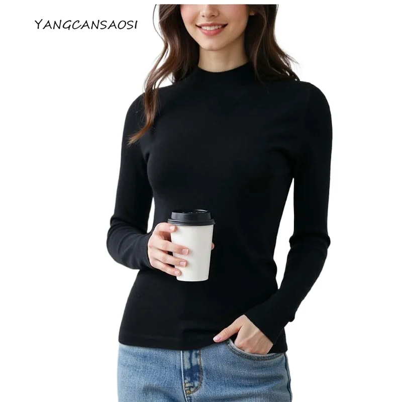 

Women's Autumn/Winter New 60Pieces Seamless Semi High Neck Long Sleeved 100% Wool Knitted Solid Warm Soft Glutinous Base Sweater