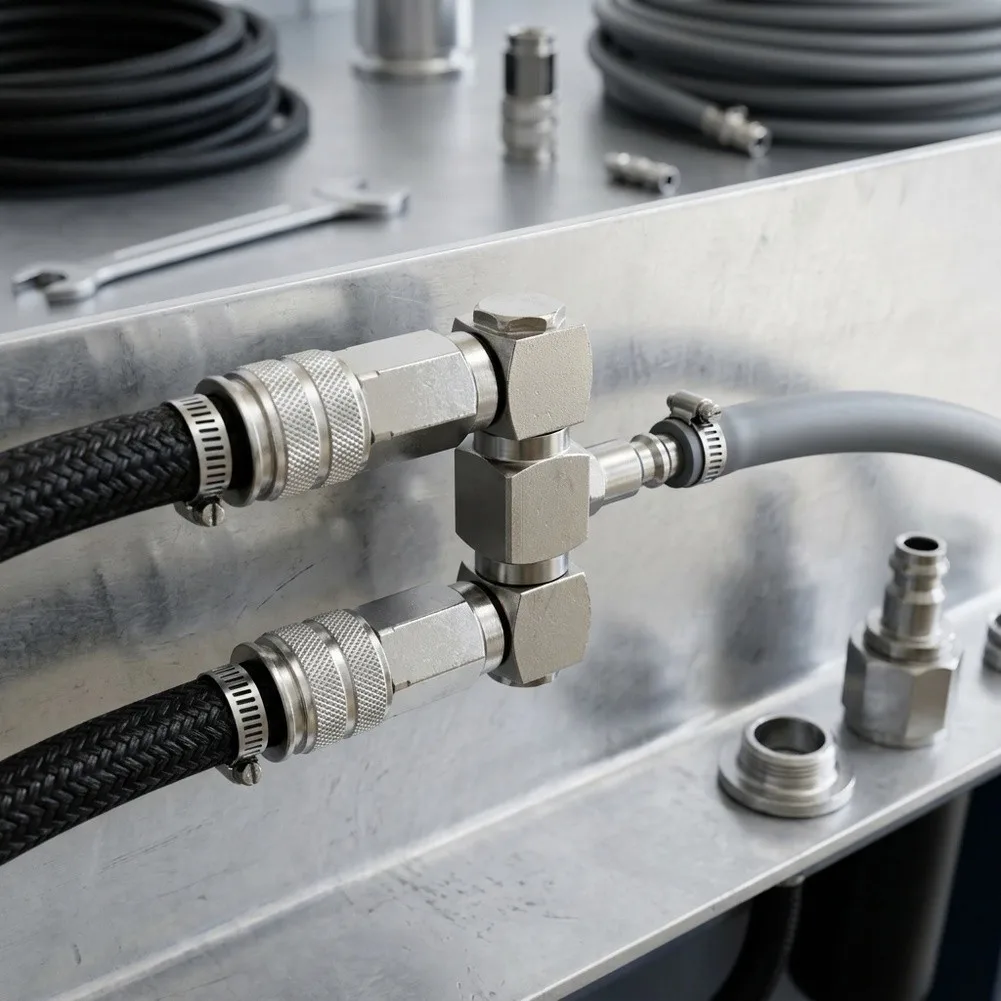 1/4in NPT 2 Way Air Hose Splitter Kit Includes Quick Connect Couplers Swivel Connector and Male Connector for Easy Setup