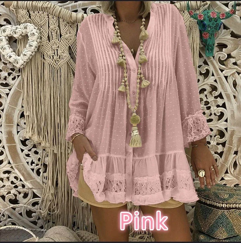 Women lace patchwork swiss dot tunic tops Spring 2023 solid v-neck button up long sleeve oversized shirt 5xl white khaki yellow