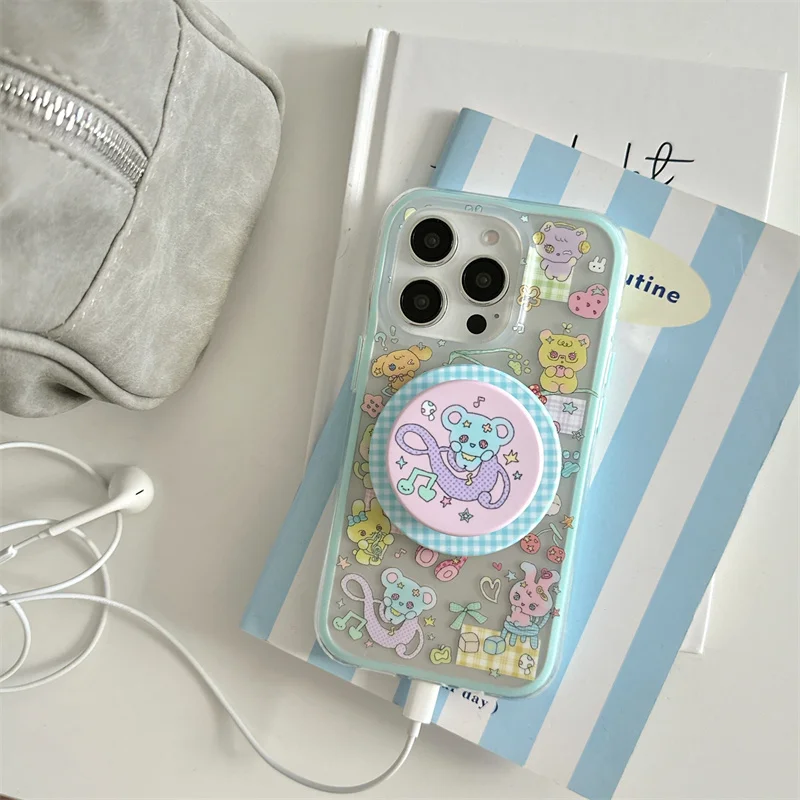 Kawaii Cartoon Animal Magnetic Phone Case dla iPhone 16 Pro 15 14 13 Pro Max Cover z Magsafe Stand Grip Tok Shockproof Cases