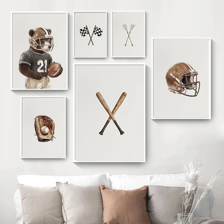 Football Hockey Baseball Bear Poster Print Vintage Style Teddy Bear Canvas Painting Print Boys Room Nursery Home Decor