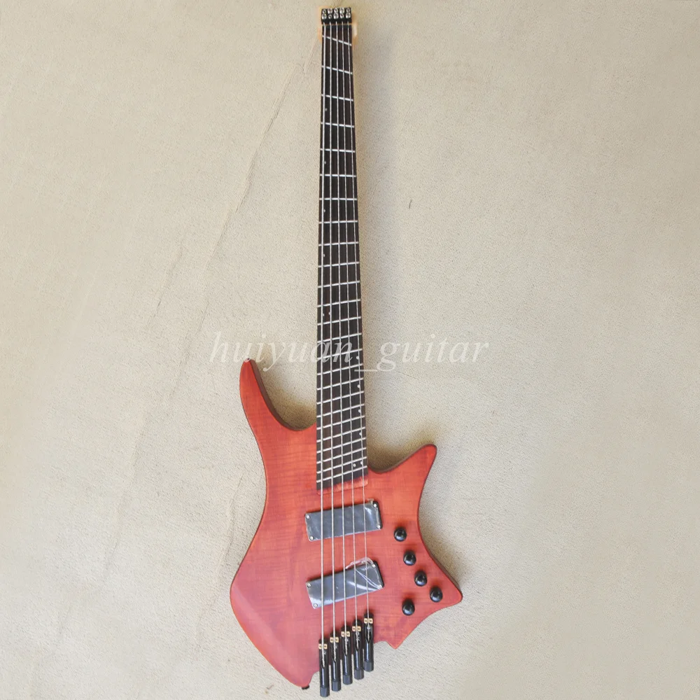 Flyoung 5 Strings Red Headless Active Electric Bass Guitar with Rosewood Fretboard Slanted 24 Frets