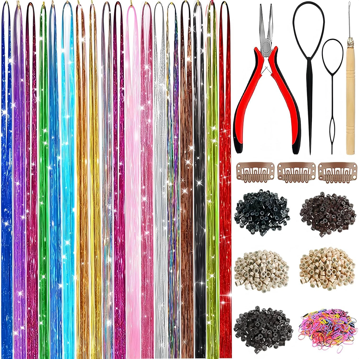 

48 Inch Synthetic Hair Tinsel Kit With Tool 1200 strands Tinsel Hair Extensions 12 Colors Fairy Hair Tinsel Sparkling Shiny Hair
