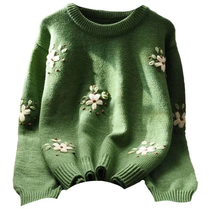 

Heavy Industry Flower Embroidered Round Neck Sweater Women Autumn Winter Loose Long Sleeved Knitted Pullover Top