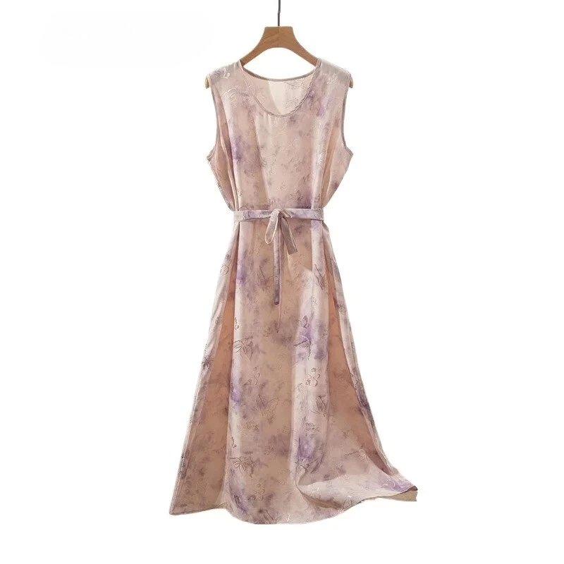 Bequemer Mischungsstil, 100 % natürliche Maulbeerseide, perforierter Jacquard, Blumenrose, lässiges, bedrucktes Westenkleid mit Rundhalsausschnitt