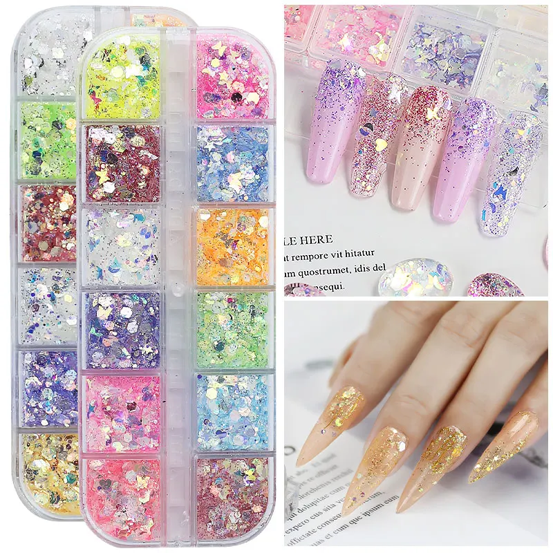 Arte Clavo 12pcs Spangles Nail Glitter Flakes Sequin Set Rose Gold Silver DIY Butterfly Dipping Powder for Acrylic Nails Tools