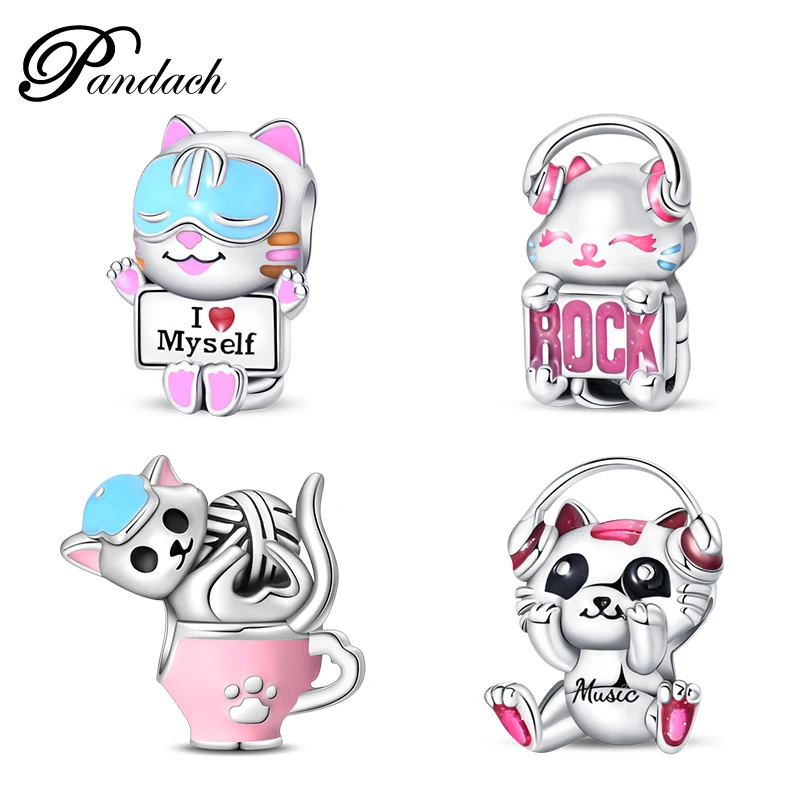 

Серебряный кот 925 пробы, милые розовые рок-музыки, подвески в виде кота, бусины, подходят для Pandach, оригинальные браслеты 925, сделай сам, украшения на день рождения для женщин