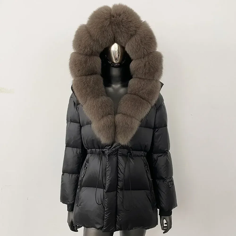 White Goose Down Jacket Women New Natural Thick Warm Real Big Fox Fur Collar Belt Loose Puffer Parka Winter Real Fur Coat
