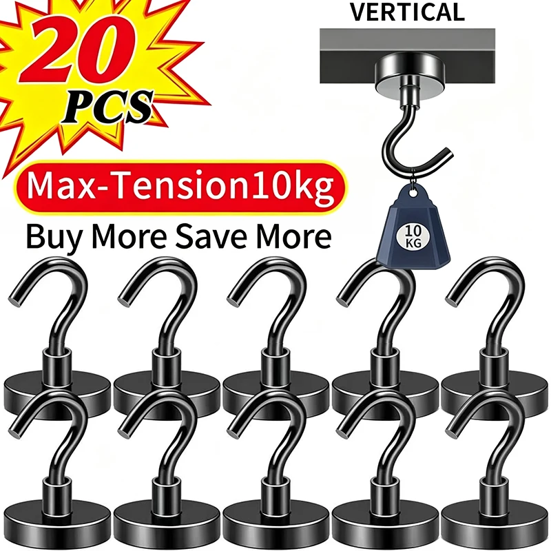 20Pcs Black Magnetic Hooks, 25Lbs Strong Heavy Duty Cruise Magnet S-Hooks for Hanging, Cabins, Grill, Kitchen, Garage, Workspace
