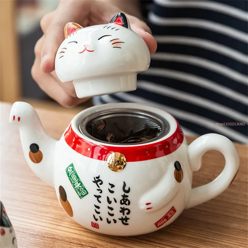 Cute Japanese Lucky Porcelain Tea Set Maneki Neko Ceramic Cup Kettle with Strainer Office Teapot Water Mug