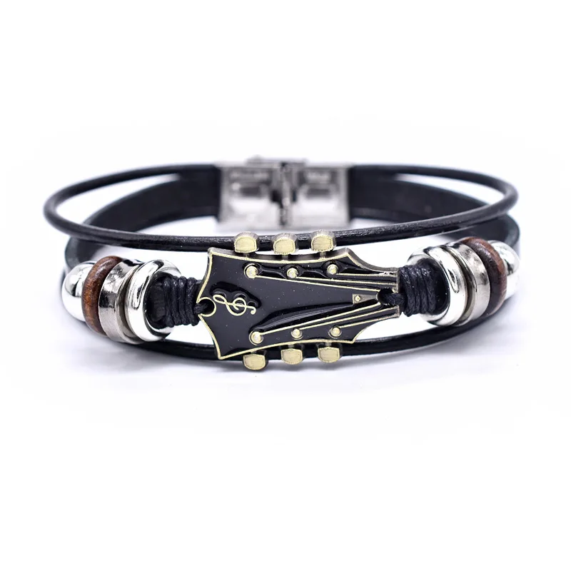 Fashion Woven Leather Bracelets Zinc Alloy Punk Men's and Women's Music Guitar Note Bracelet Wrist Strap Party Jewelry