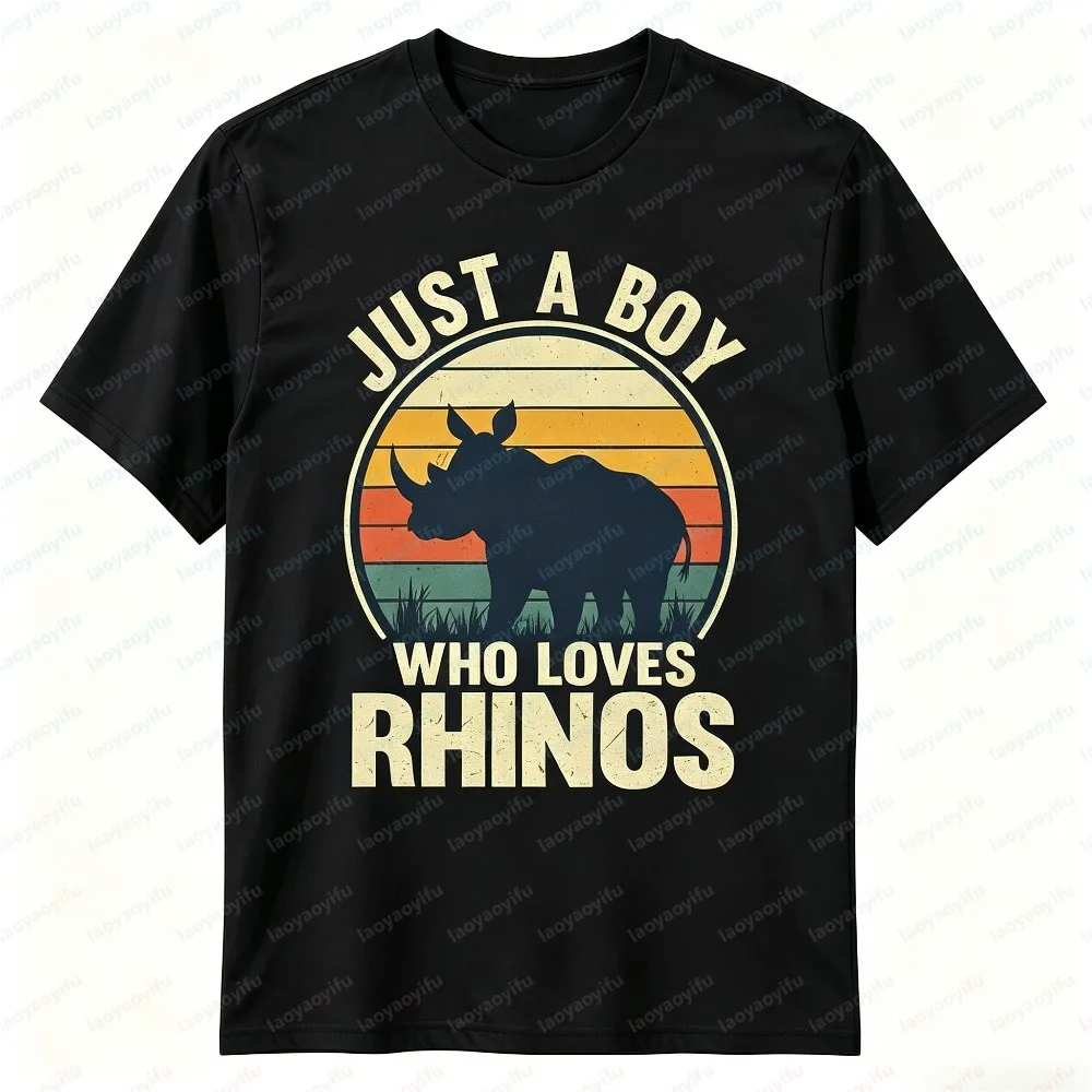 Unisex T Shirt Summer Short Sleeve Fashion Vintage Retro Rhino Graphic Tee Just A Boy Loves Rhinos Animal Lover Casual T-Shirts