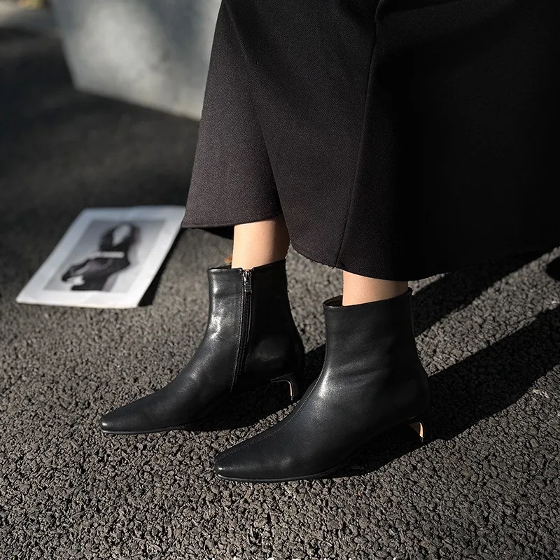 

Birkuir Retro Thick Heel Genuine Leather Women Ankle Boots Side Zip Black Dress Shoes Female Luxury Mid Heel Luxury Short Boots