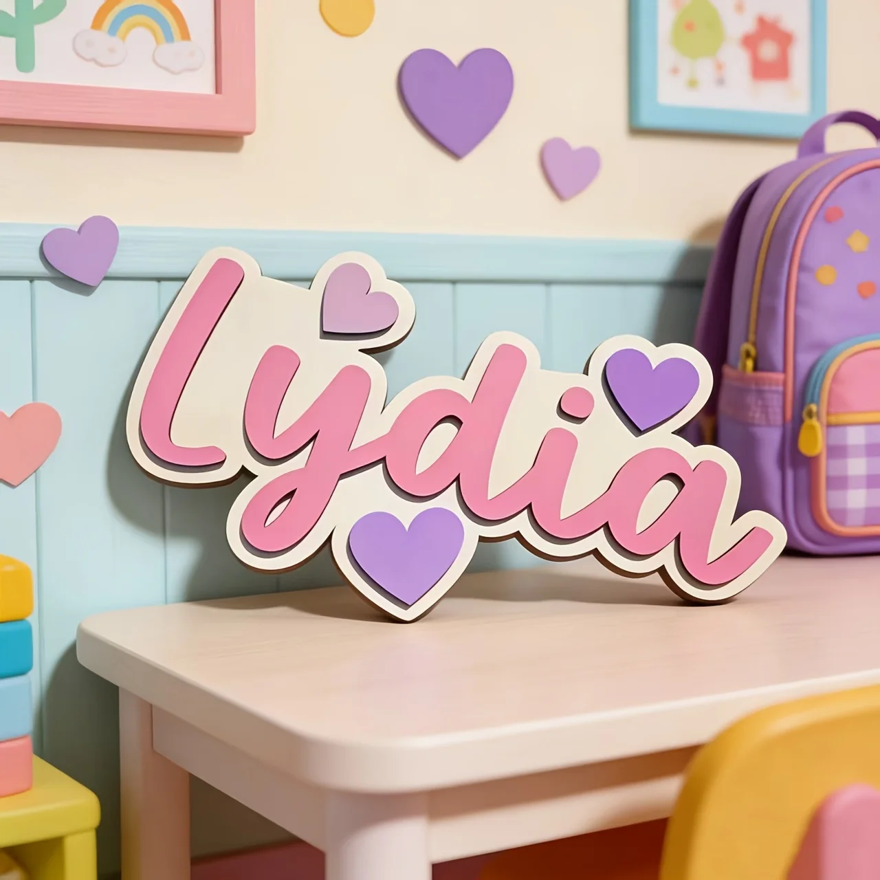 Personalized Gradient Heart Name Sign, Customizable Pink & Purple Door Plaque, Nursery Bedroom Decor, Sweet Hanging Gift - view 6