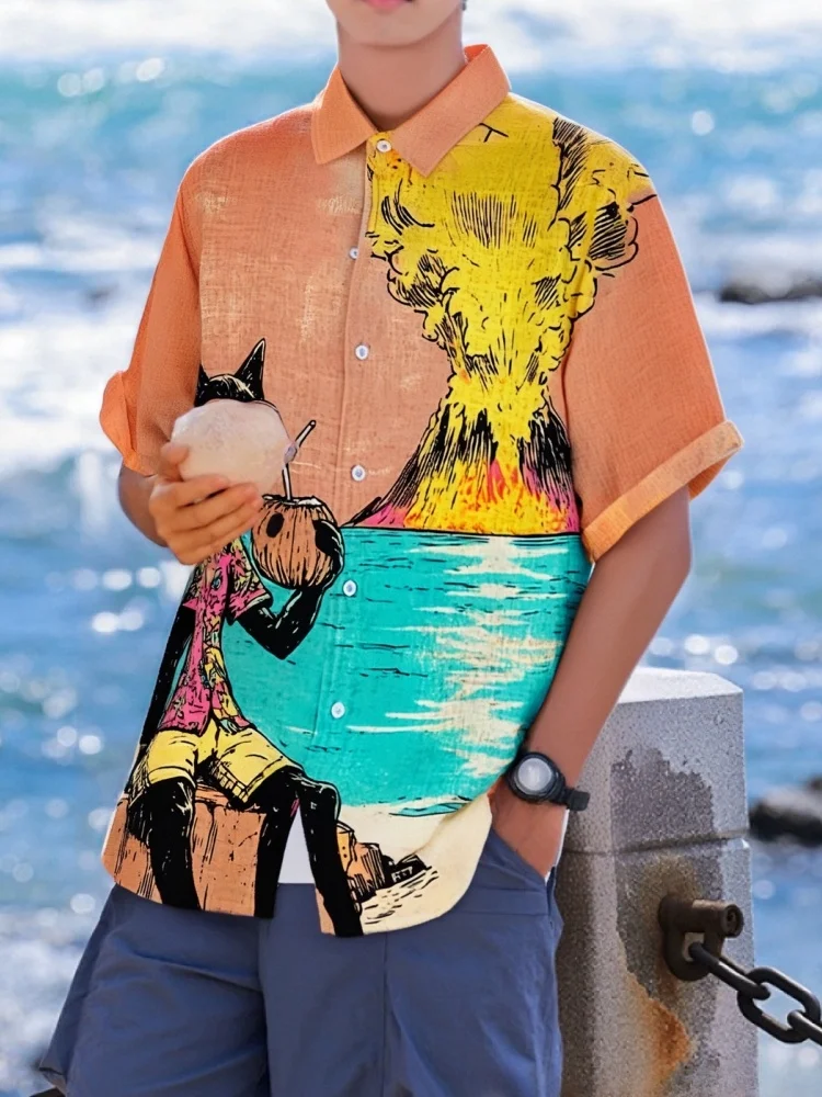 Men's Black Cat Drinking Coconut Juice Volcanic Eruption Print Short Sleeve Shirt Bohemian Funny 3D Printed Lapel Collar Blouse