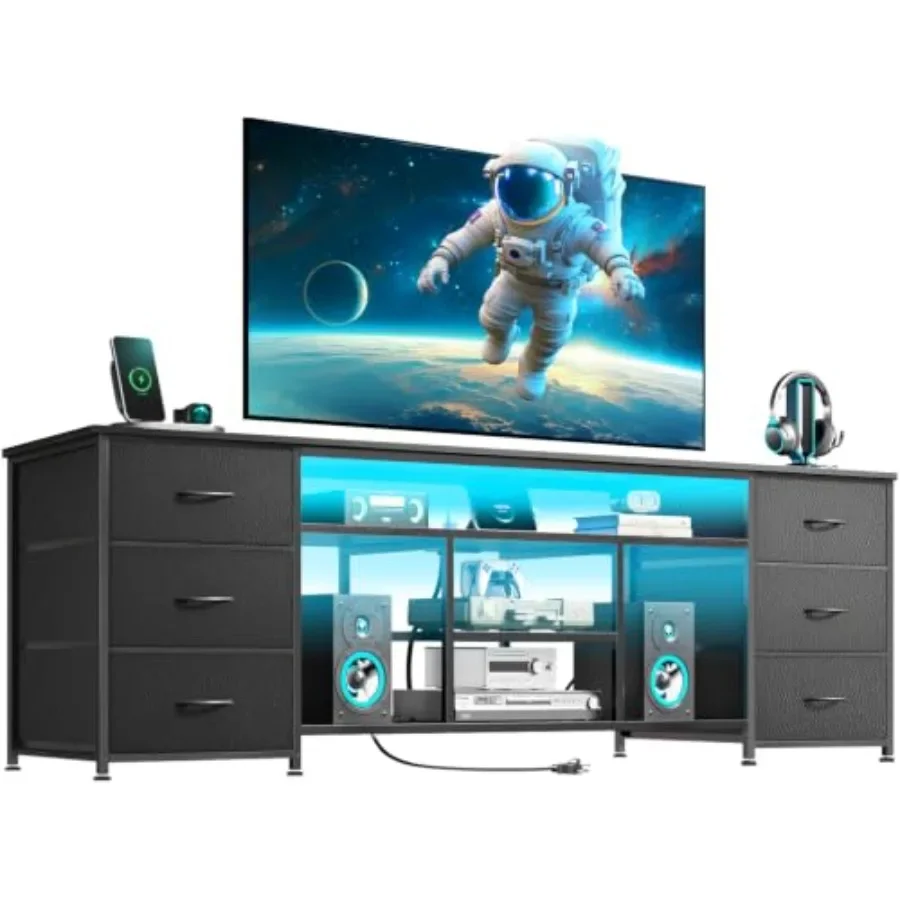 LED TV Stand, Entertainment Center for living room, engineered wood, black, adjustable shelves and cable management
