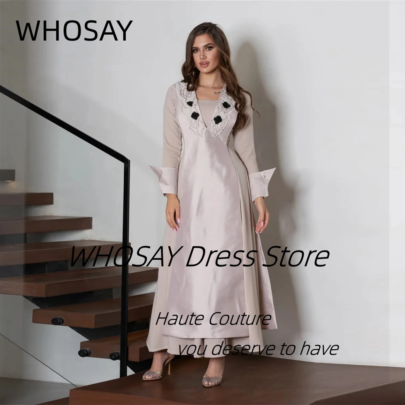 

WHOSAY Женские платья для выпускного вечера с бисером и 3d-цветами по индивидуальному заказу, вечерние женские вечерние платья с длинными рукавами