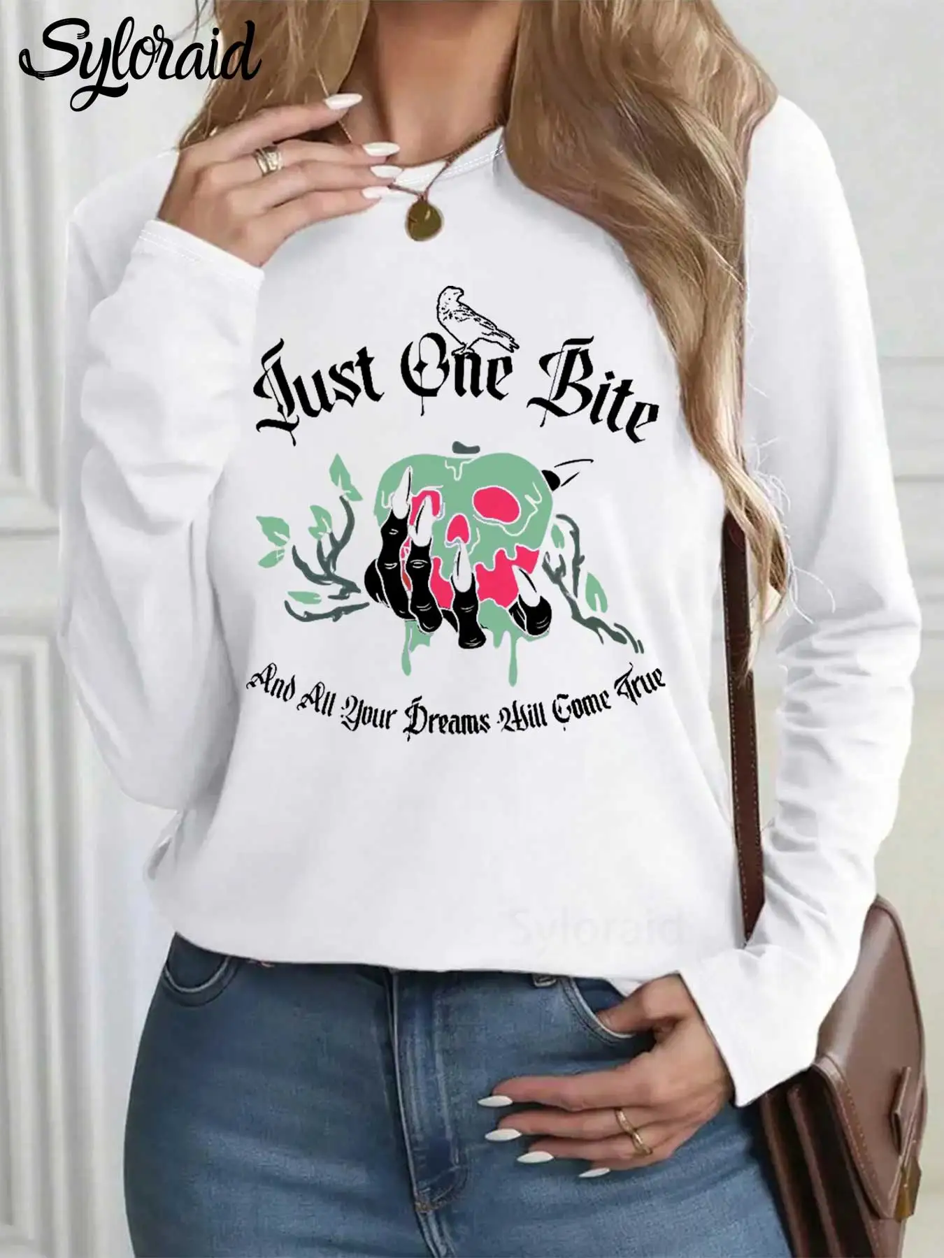 Damen Langarm T-Shirt Poison Apple Just One Bite T-Shirt Mode Rundhals Casual Top