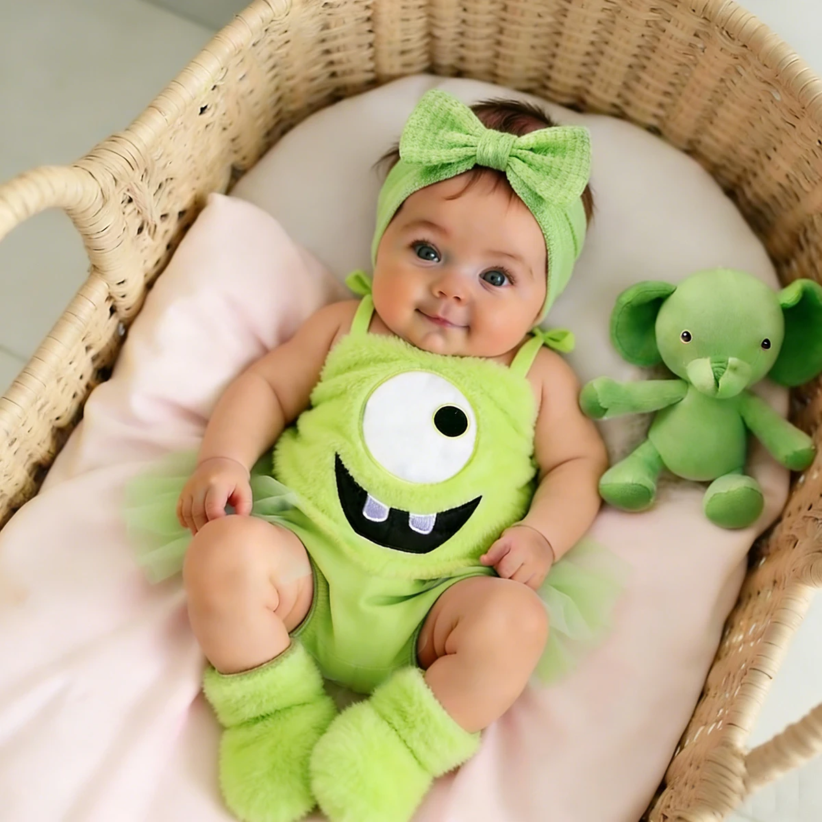 Ylsteed Big Eye Mouth Newborn Photo Shoot Costume Green Cute Baby Boy Romper for Photo Shooting Infant Funny Photography Outfits