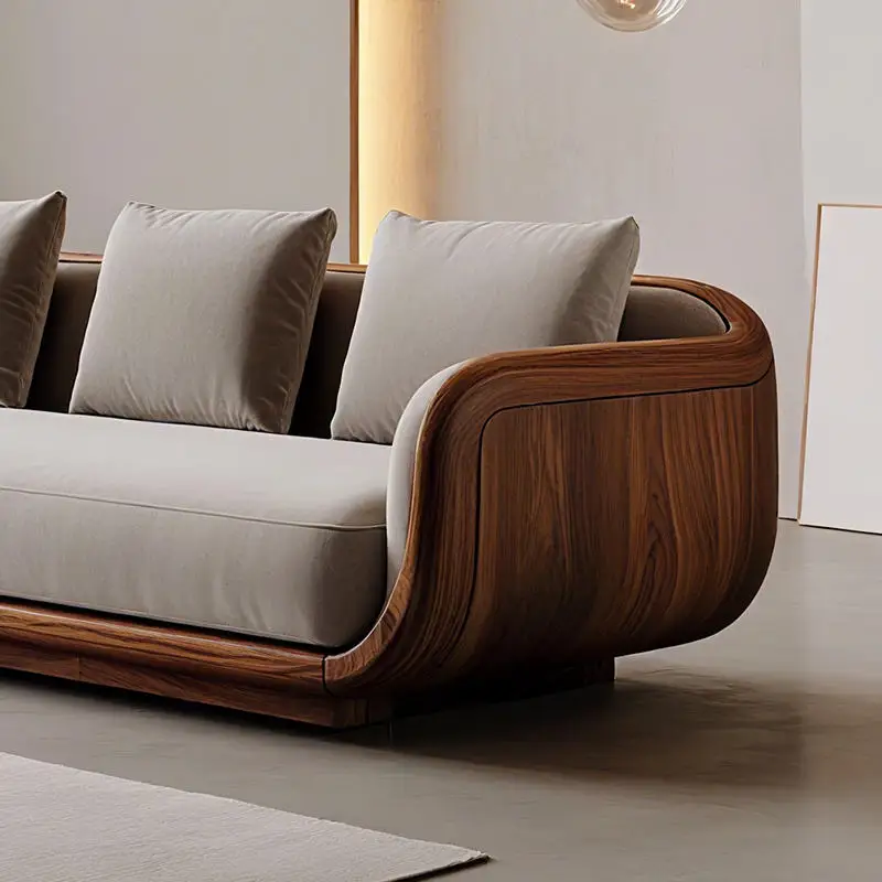 High End Villa Use Italian Modern Minimalist Black Walnut Solid Wood Extendable Straight Row Sofa Creative Living Room Warehouse