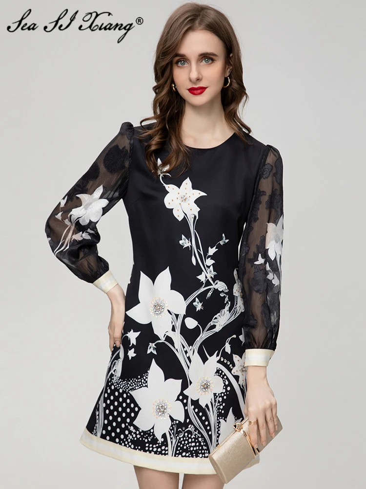 

Seasixiang Fashion Designer Spring Summer Dress Women O-Neck Lantern Sleeve Floral Print Crystal Beading Vintage Mini Dresses